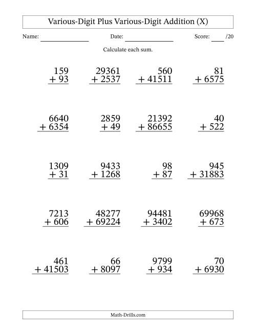 The 2- to 5-Digit Plus 2- to 5-Digit Addition With Some Regrouping (20 Questions) (X) Math Worksheet