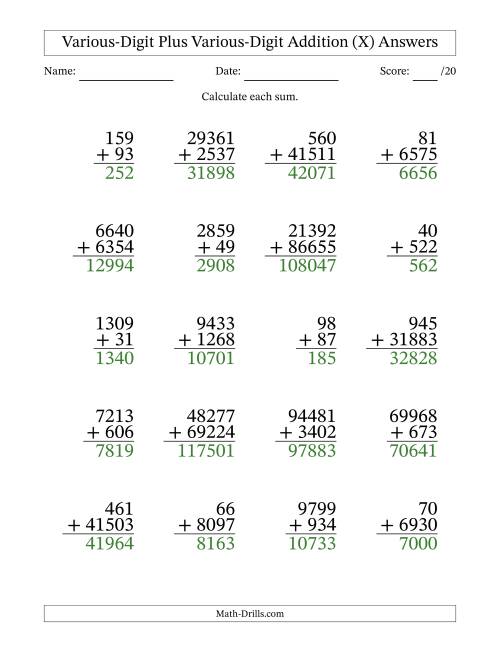 The 2- to 5-Digit Plus 2- to 5-Digit Addition With Some Regrouping (20 Questions) (X) Math Worksheet Page 2