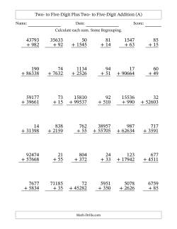 Two- to Five-Digit Plus Two- to Five-Digit Addition With Some Regrouping – 36 Questions