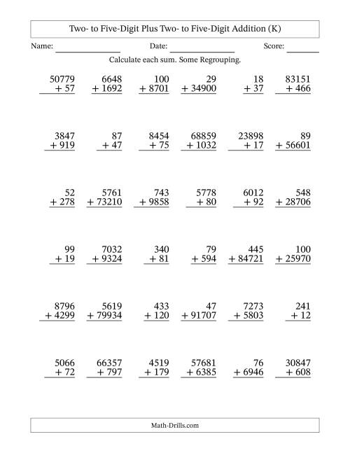 The Two- to Five-Digit Plus Two- to Five-Digit Addition With Some Regrouping – 36 Questions (K) Math Worksheet