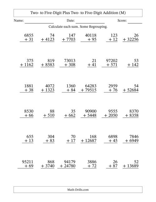 The Two- to Five-Digit Plus Two- to Five-Digit Addition With Some Regrouping – 36 Questions (M) Math Worksheet