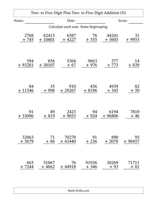 The Two- to Five-Digit Plus Two- to Five-Digit Addition With Some Regrouping – 36 Questions (N) Math Worksheet