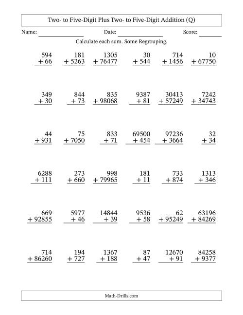 The Two- to Five-Digit Plus Two- to Five-Digit Addition With Some Regrouping – 36 Questions (Q) Math Worksheet