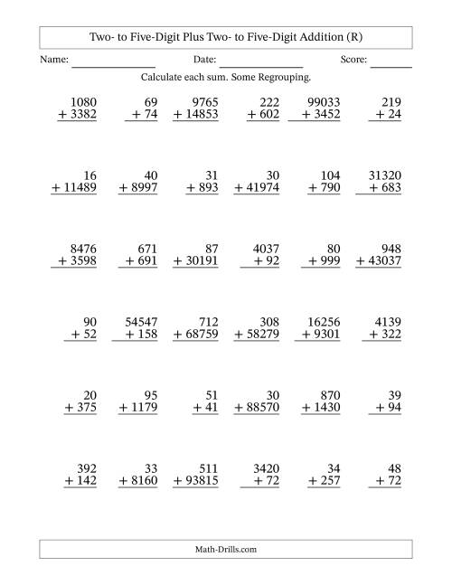 The Two- to Five-Digit Plus Two- to Five-Digit Addition With Some Regrouping – 36 Questions (R) Math Worksheet