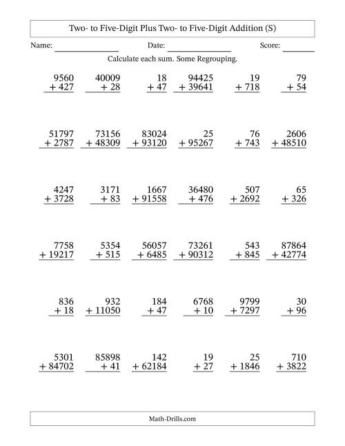 The Two- to Five-Digit Plus Two- to Five-Digit Addition With Some Regrouping – 36 Questions (S) Math Worksheet