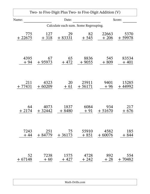 The Two- to Five-Digit Plus Two- to Five-Digit Addition With Some Regrouping – 36 Questions (V) Math Worksheet