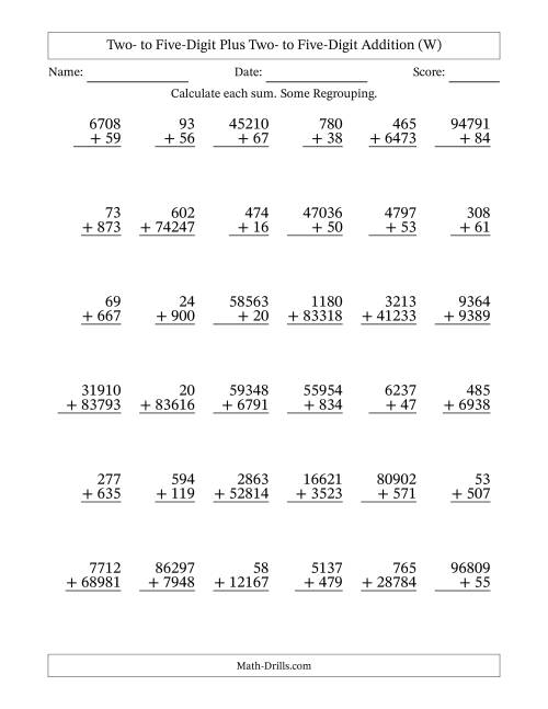 The Two- to Five-Digit Plus Two- to Five-Digit Addition With Some Regrouping – 36 Questions (W) Math Worksheet