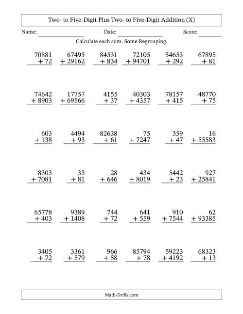 The Two- to Five-Digit Plus Two- to Five-Digit Addition With Some Regrouping – 36 Questions (X) Math Worksheet