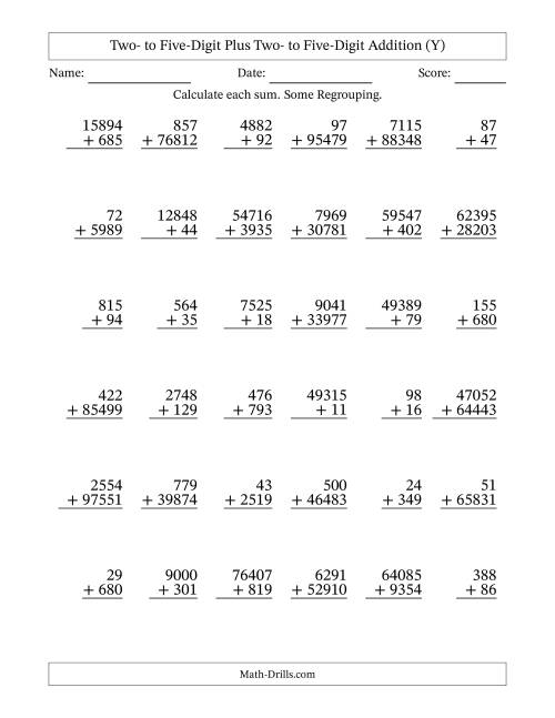 The Two- to Five-Digit Plus Two- to Five-Digit Addition With Some Regrouping – 36 Questions (Y) Math Worksheet