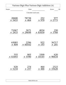 3- to 5-Digit Plus 3- to 5-Digit Addition With Some Regrouping (20 Questions)