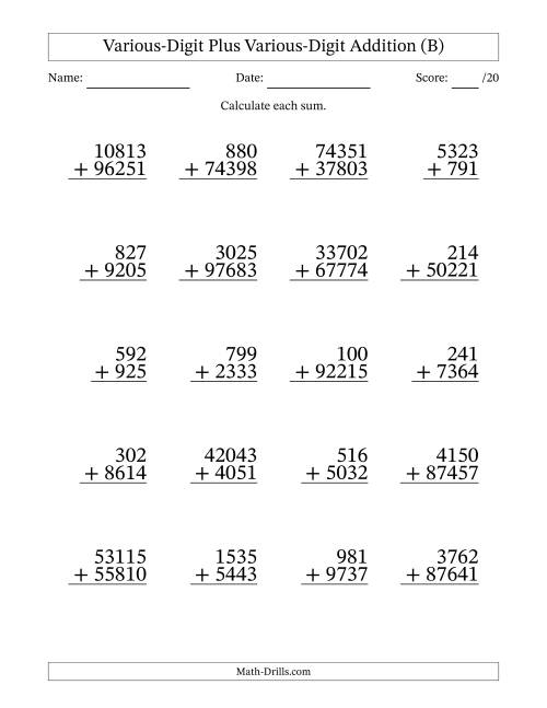 The 3- to 5-Digit Plus 3- to 5-Digit Addition With Some Regrouping (20 Questions) (B) Math Worksheet