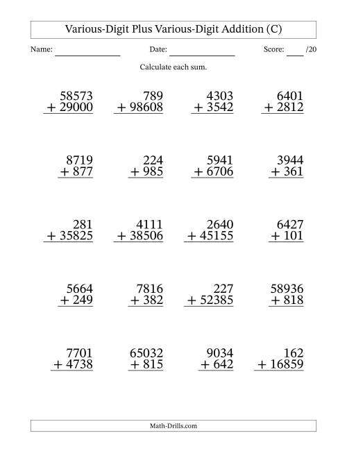 The 3- to 5-Digit Plus 3- to 5-Digit Addition With Some Regrouping (20 Questions) (C) Math Worksheet