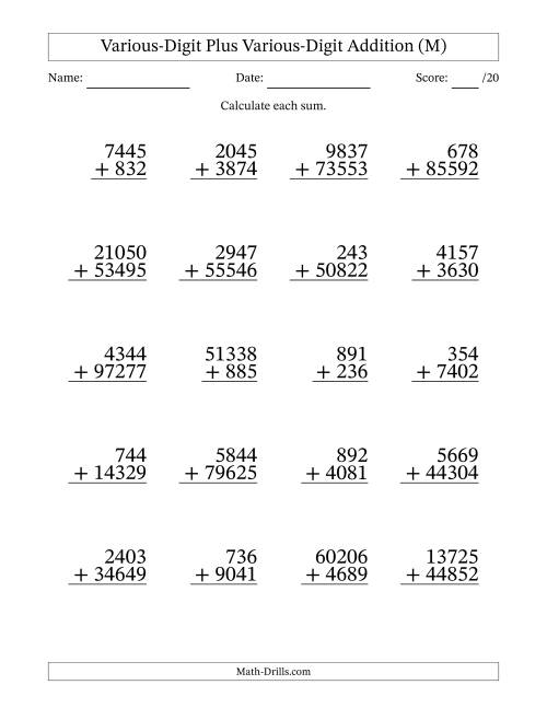 The 3- to 5-Digit Plus 3- to 5-Digit Addition With Some Regrouping (20 Questions) (M) Math Worksheet