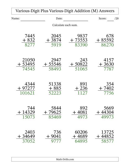 The 3- to 5-Digit Plus 3- to 5-Digit Addition With Some Regrouping (20 Questions) (M) Math Worksheet Page 2