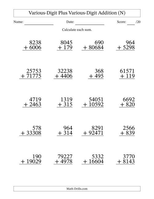 The 3- to 5-Digit Plus 3- to 5-Digit Addition With Some Regrouping (20 Questions) (N) Math Worksheet
