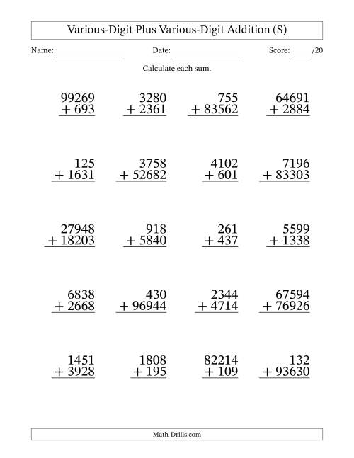 The 3- to 5-Digit Plus 3- to 5-Digit Addition With Some Regrouping (20 Questions) (S) Math Worksheet