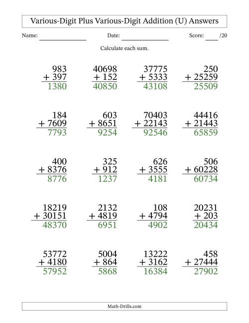 The 3- to 5-Digit Plus 3- to 5-Digit Addition With Some Regrouping (20 Questions) (U) Math Worksheet Page 2