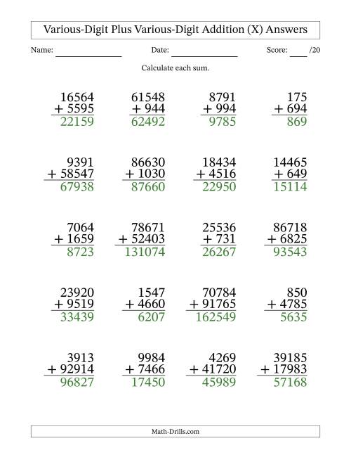 The 3- to 5-Digit Plus 3- to 5-Digit Addition With Some Regrouping (20 Questions) (X) Math Worksheet Page 2