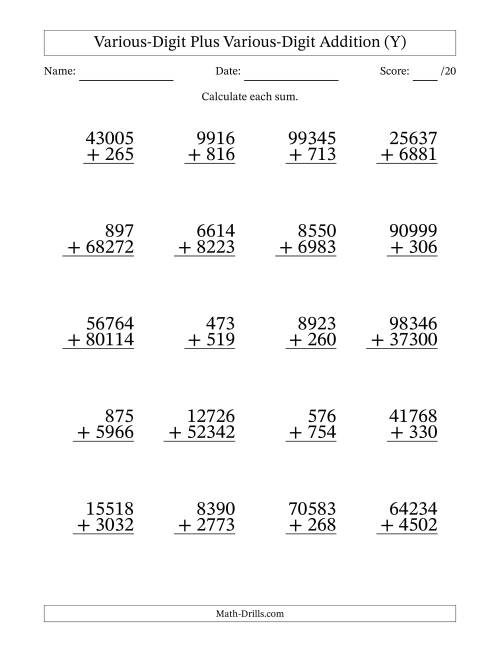 The 3- to 5-Digit Plus 3- to 5-Digit Addition With Some Regrouping (20 Questions) (Y) Math Worksheet