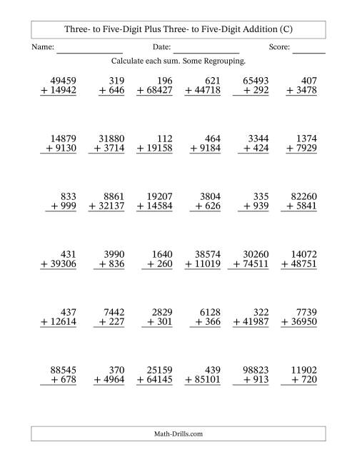 Various-Digit Addition from Three- to Five-Digits (C)