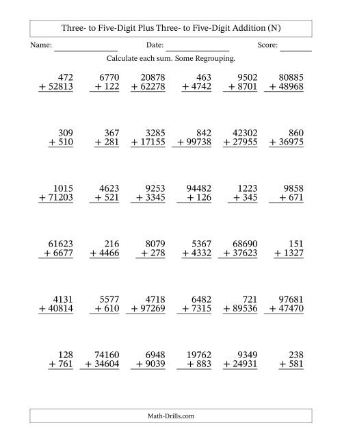 The Three- to Five-Digit Plus Three- to Five-Digit Addition With Some Regrouping – 36 Questions (N) Math Worksheet