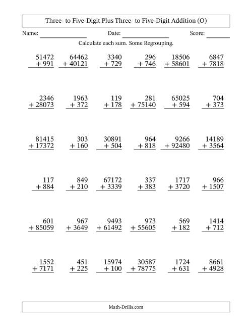 The Three- to Five-Digit Plus Three- to Five-Digit Addition With Some Regrouping – 36 Questions (O) Math Worksheet
