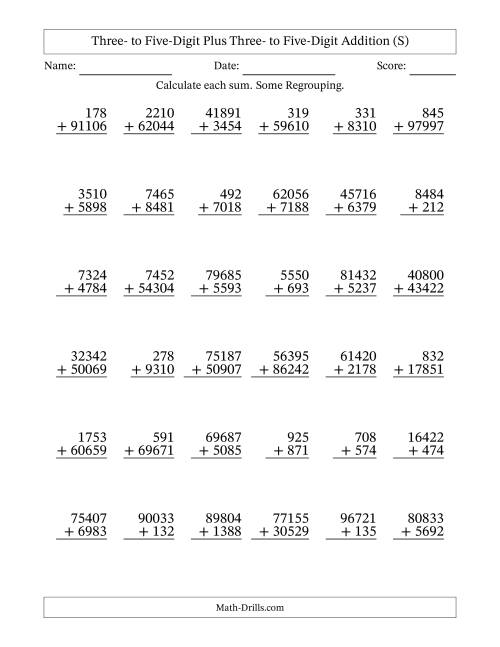 The Three- to Five-Digit Plus Three- to Five-Digit Addition With Some Regrouping – 36 Questions (S) Math Worksheet