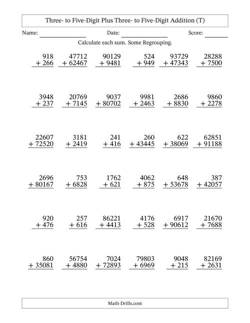 The Three- to Five-Digit Plus Three- to Five-Digit Addition With Some Regrouping – 36 Questions (T) Math Worksheet