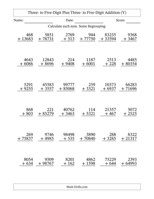 The Three- to Five-Digit Plus Three- to Five-Digit Addition With Some Regrouping – 36 Questions (Y) Math Worksheet
