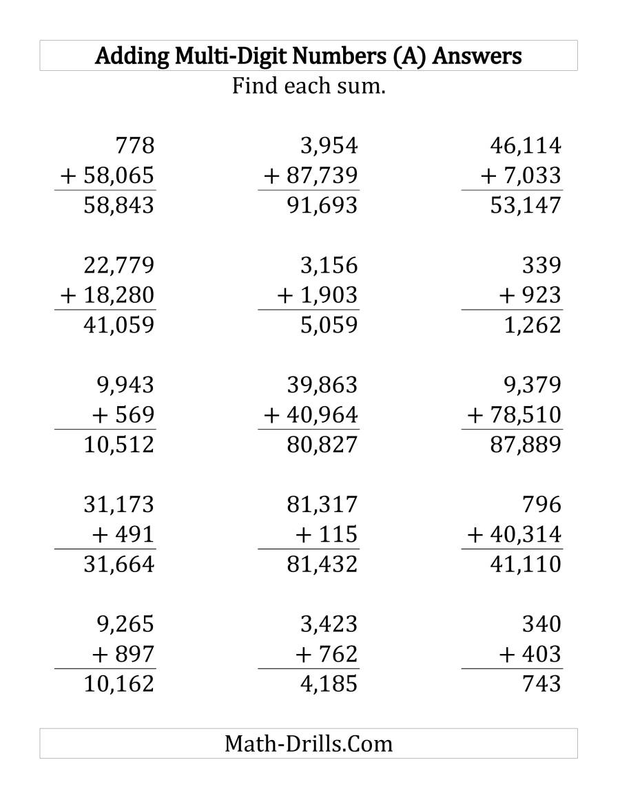 Adding Various Three-, Four-, and Five-Digit Numbers (LP)