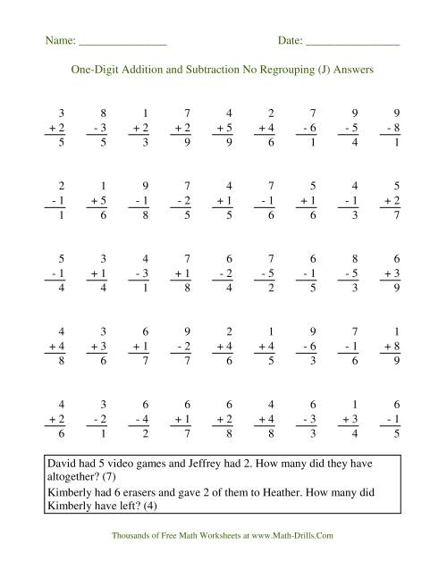 Single-Digit -- No Regrouping (J)