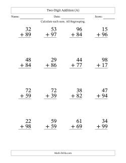Two-Digit Addition With All Regrouping – 16 Questions – Large Print