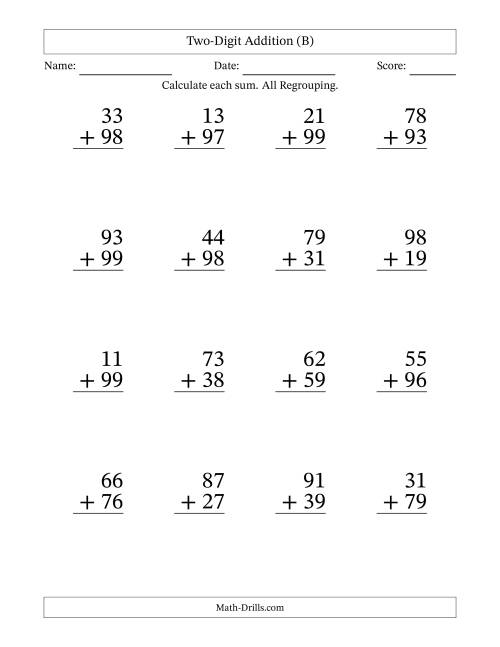 Large Print 2-Digit Plus 2-Digit Addtion with ALL Regrouping (B)