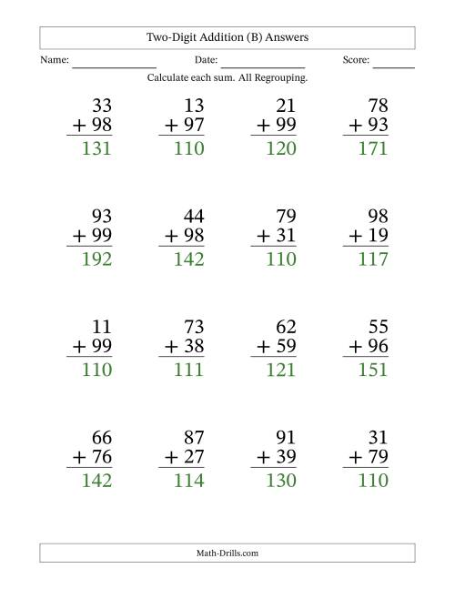 Large Print 2-Digit Plus 2-Digit Addtion with ALL Regrouping (B)