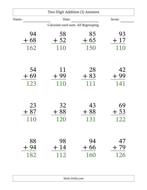 The Two-Digit Addition With All Regrouping – 16 Questions – Large Print (I) Math Worksheet Page 2