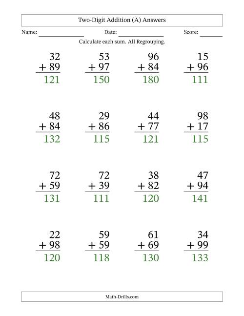 The Two-Digit Addition With All Regrouping – 16 Questions – Large Print (All) Math Worksheet Page 2