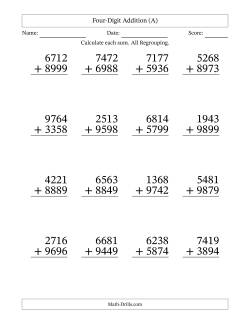 Four-Digit Addition With All Regrouping – 16 Questions – Large Print