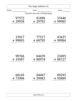 Five-Digit Addition With All Regrouping – 12 Questions – Large Print