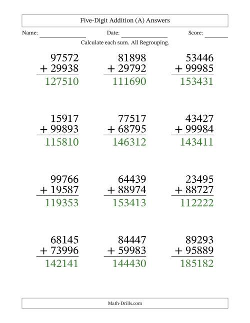 Large Print 5-Digit Plus 5-Digit Addtion with ALL Regrouping (A)