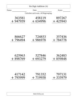 Six-Digit Addition With All Regrouping – 12 Questions – Large Print