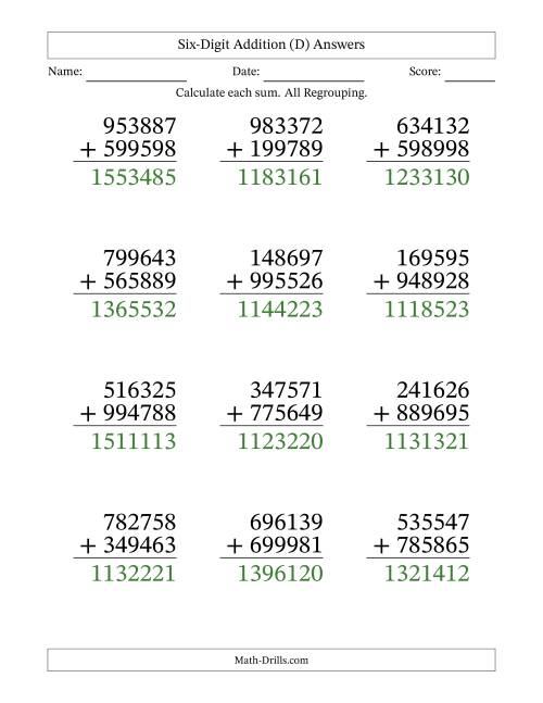 Large Print 6-Digit Plus 6-Digit Addtion with ALL Regrouping (D)