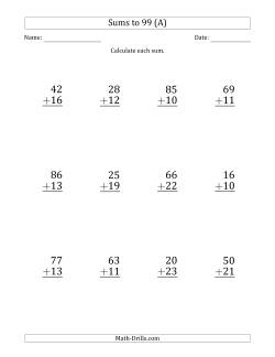 Large Print - Adding 2-Digit Numbers with Sums up to 99 (12 Questions)