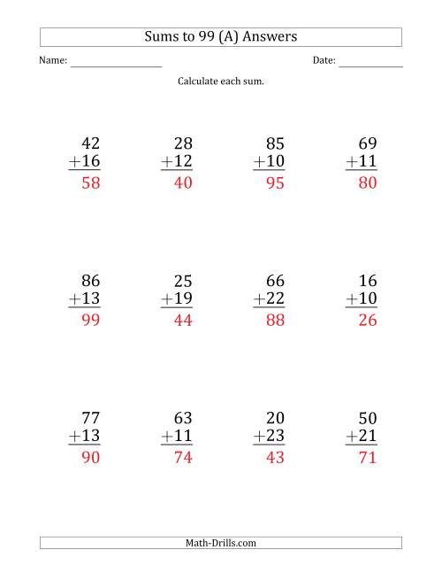 Large Print Adding 2 Digit Numbers With Sums Up To 99 12 Questions A 