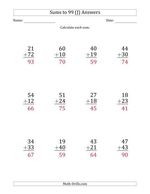 The Large Print - Adding 2-Digit Numbers with Sums up to 99 (12 Questions) (J) Math Worksheet Page 2