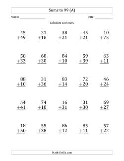 Large Print - Adding 2-Digit Numbers with Sums up to 99 (25 Questions)