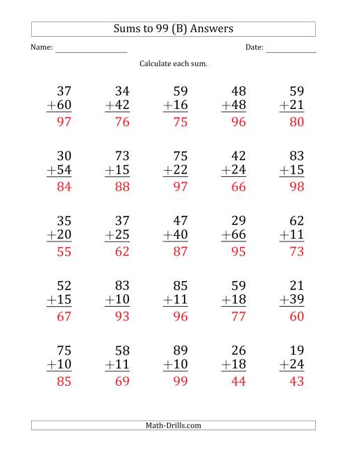 The Large Print - Adding 2-Digit Numbers with Sums up to 99 (25 Questions) (B) Math Worksheet Page 2