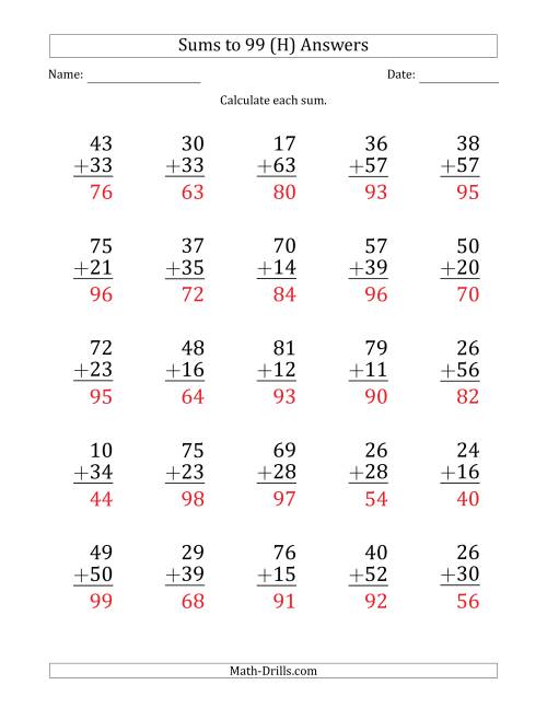 The Large Print - Adding 2-Digit Numbers with Sums up to 99 (25 Questions) (H) Math Worksheet Page 2