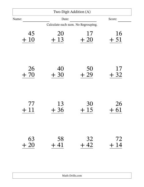 Large Print 2 Digit Plus 2 Digit Addition with NO Regrouping (A)