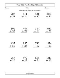 Three-Digit Plus Two-Digit Addition With No Regrouping – 16 Questions – Large Print