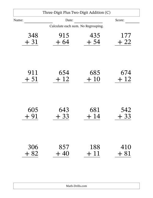 The Three-Digit Plus Two-Digit Addition With No Regrouping – 16 Questions – Large Print (C) Math Worksheet